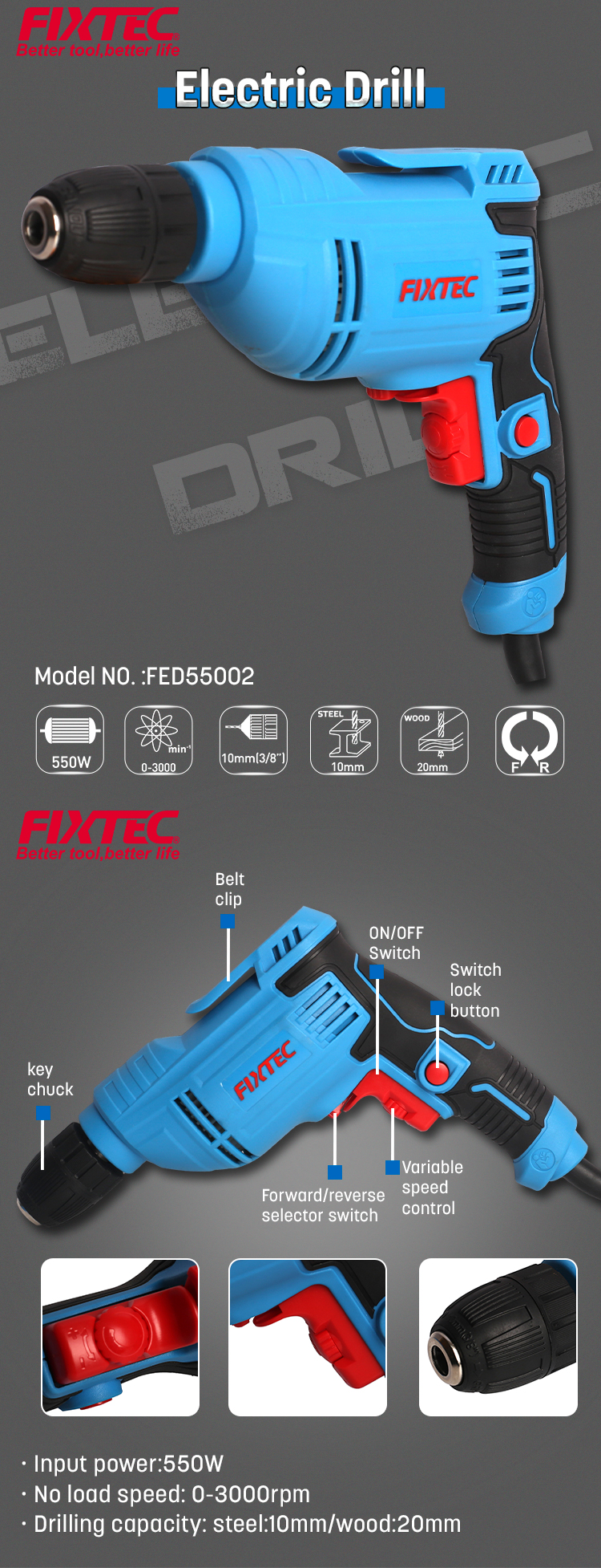 FIXTEC 550W Electric Drill