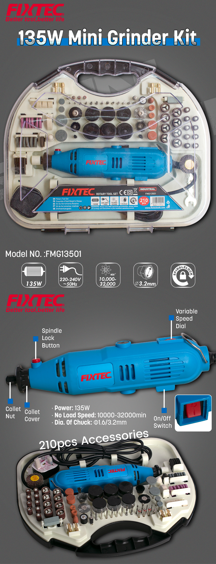 Tolhit 135W 211PCS Mini Drill Grinder Kit Electric Rotary Tool - China  Rotary Tool, Mini Grinder