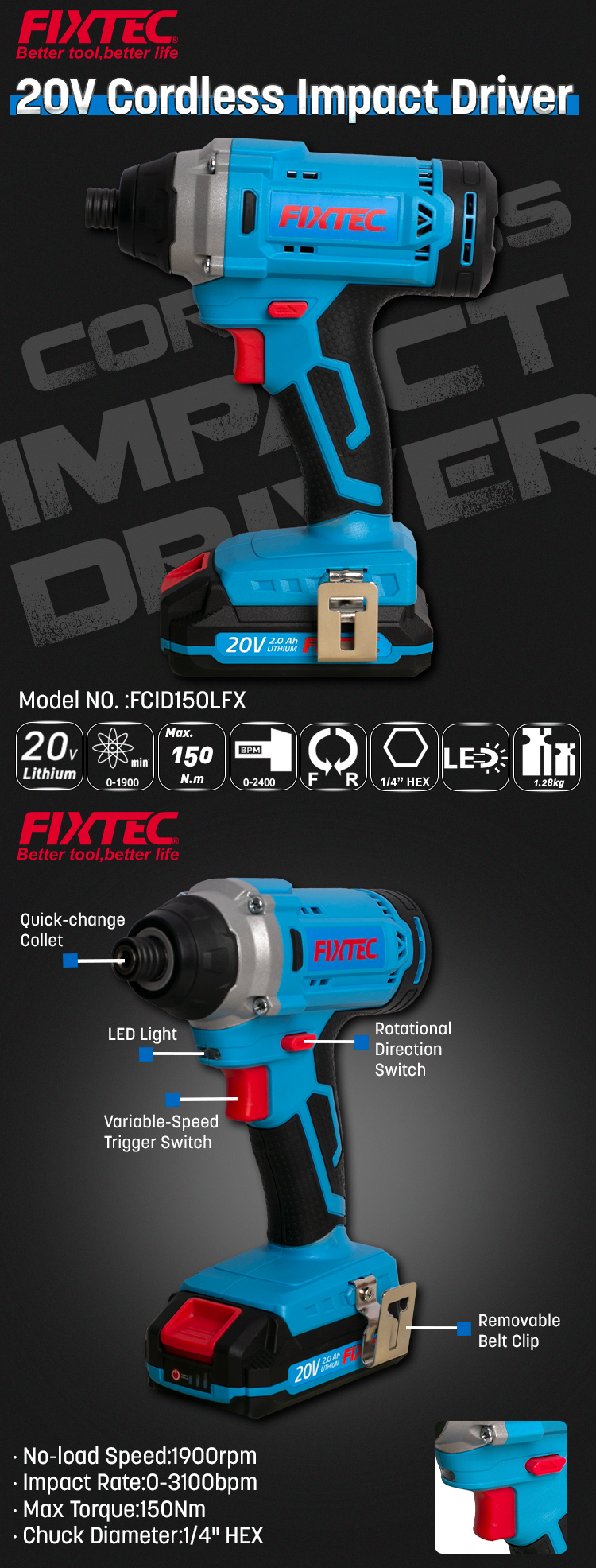 FIXTEC 20V Cordless Impact Driver